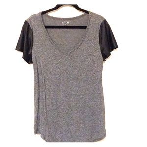 APT 9 grey v-neck shirt with faux leather sleeves